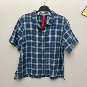 ewa i walla blue linen plaid oversized boxy fit short sleeve shirt top blouse